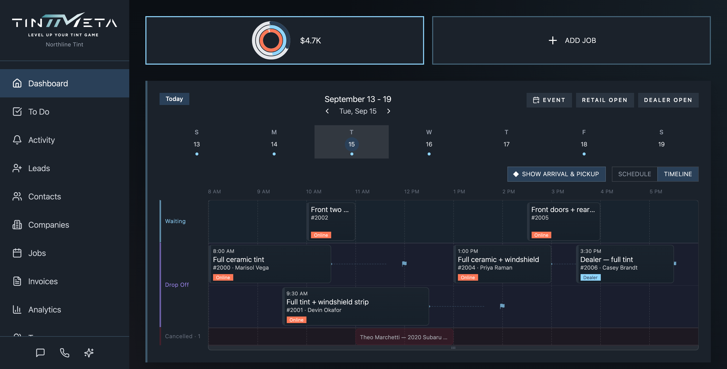 TintMeta agenda timeline showing a full day of tint jobs in drop-off and waiting lanes