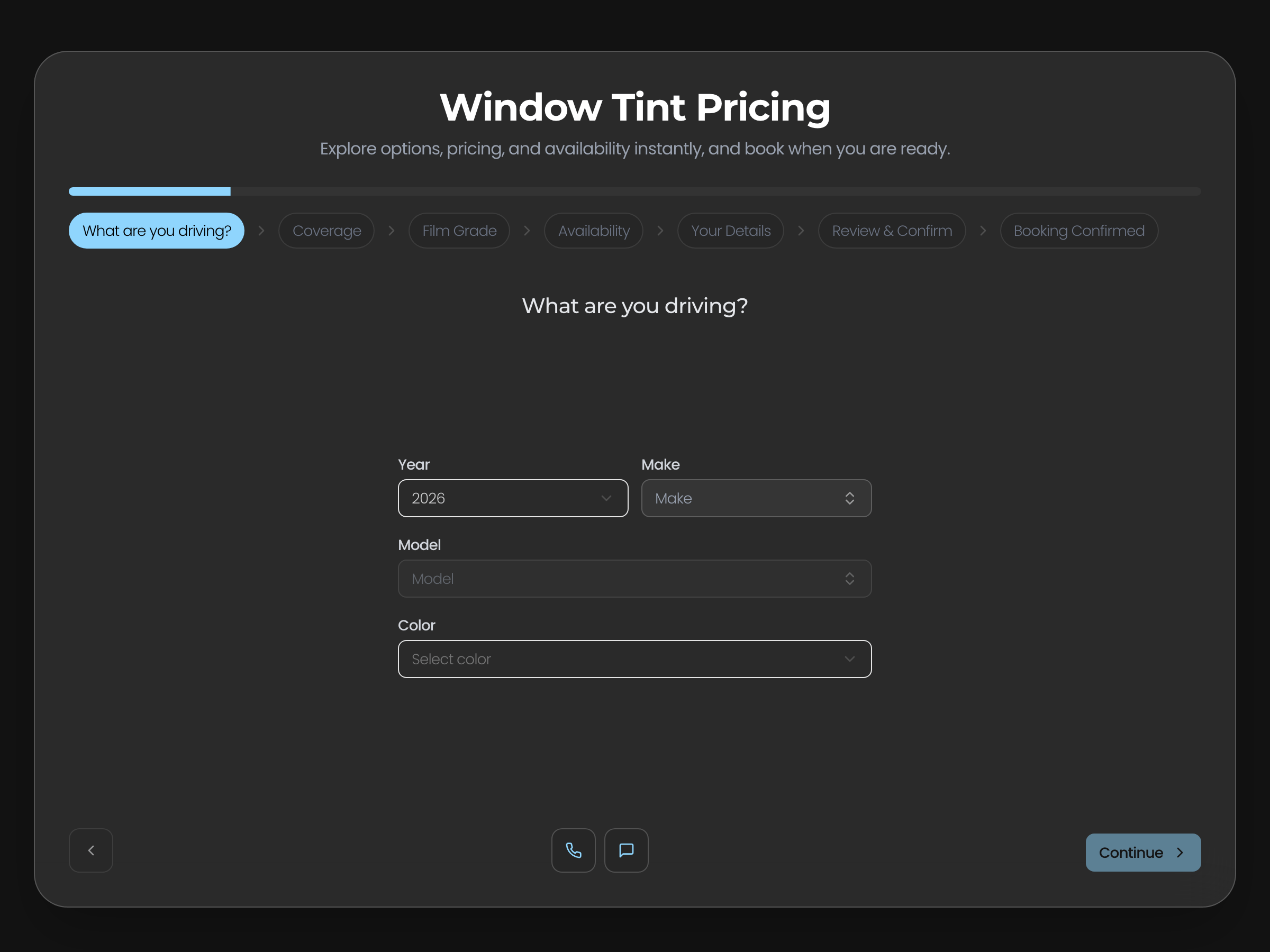 The TintMeta online booking widget on its first step, asking what the customer is driving