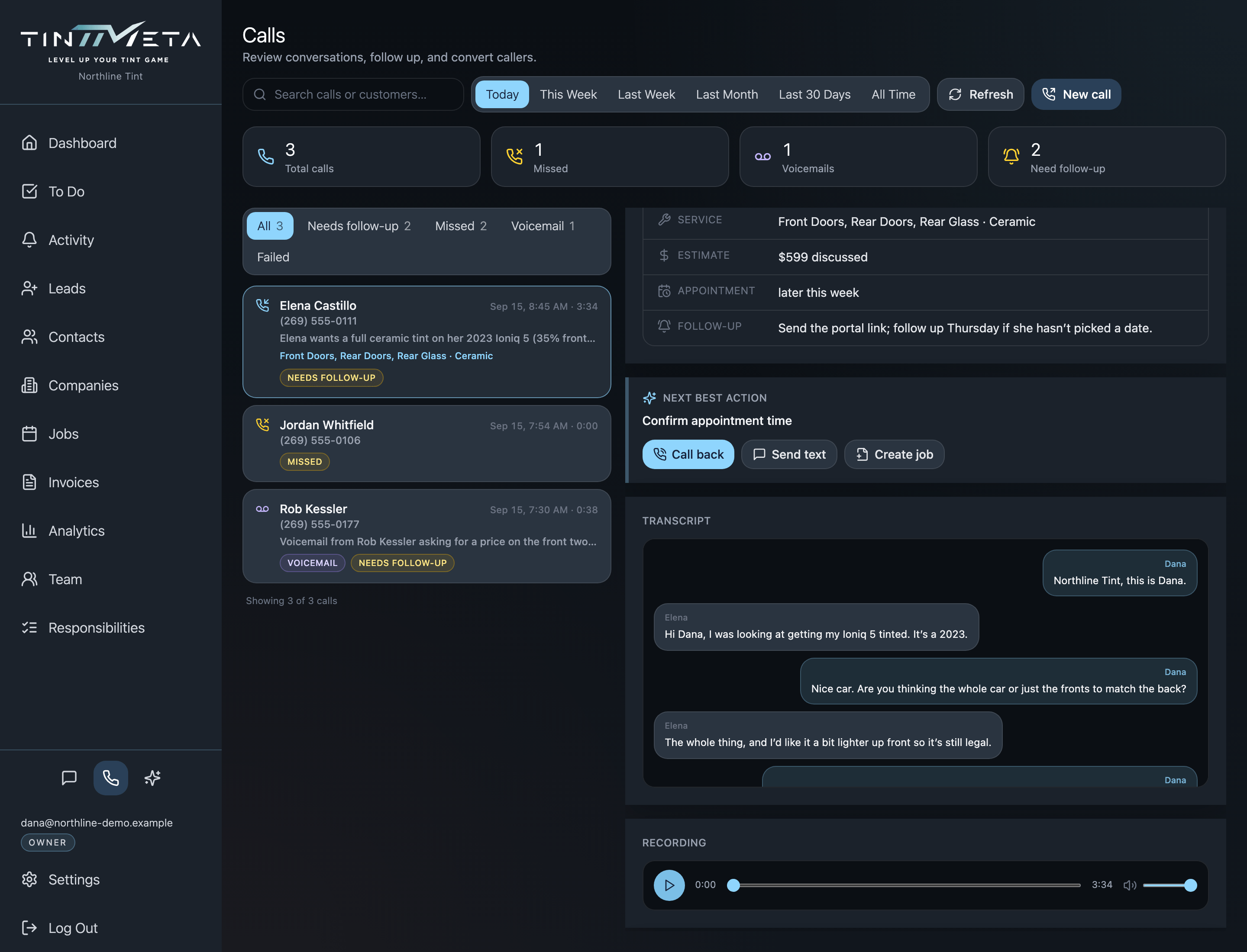 A recorded call in TintMeta with its transcript and summary