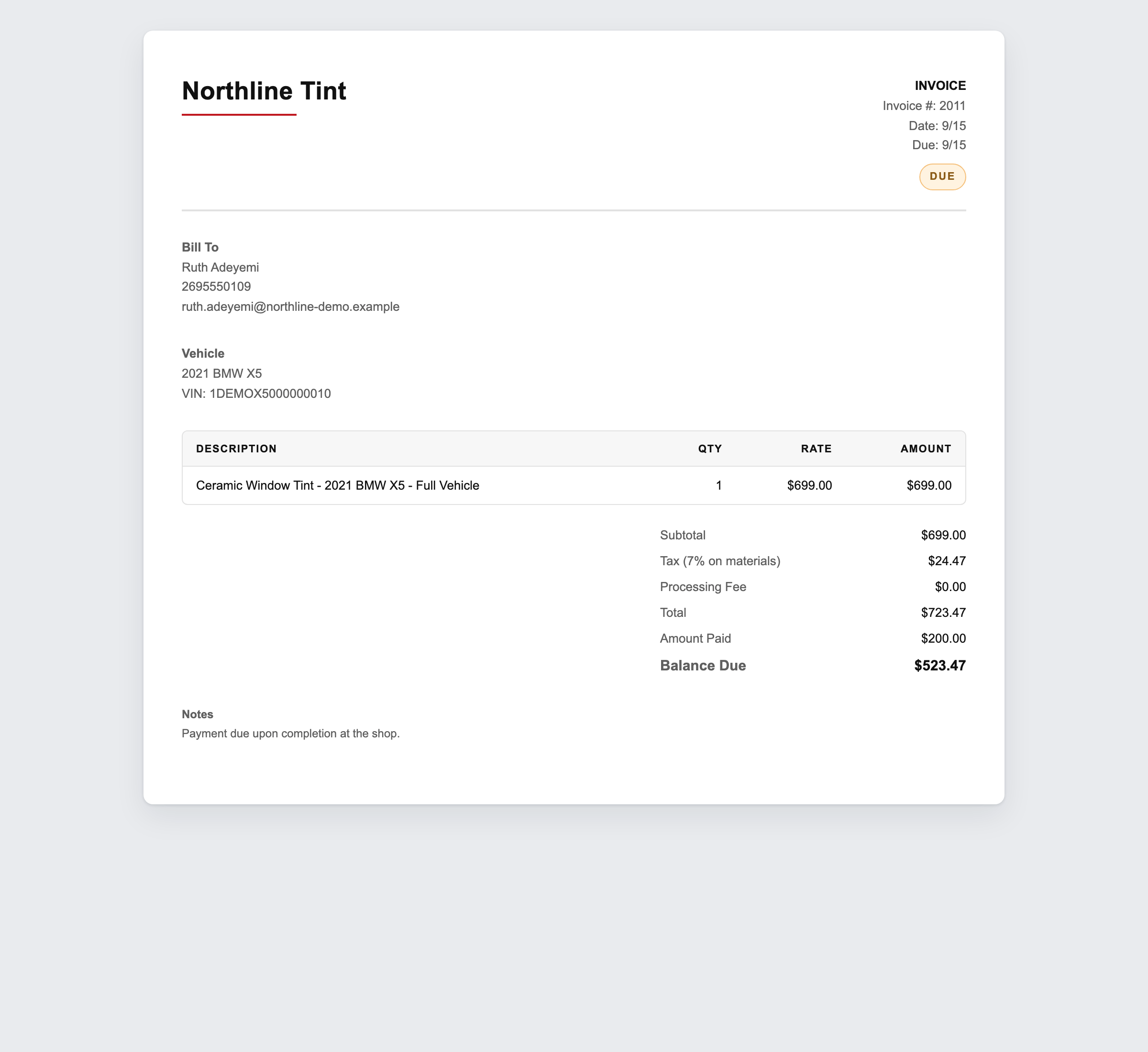 A TintMeta invoice document with a deposit applied and a balance due