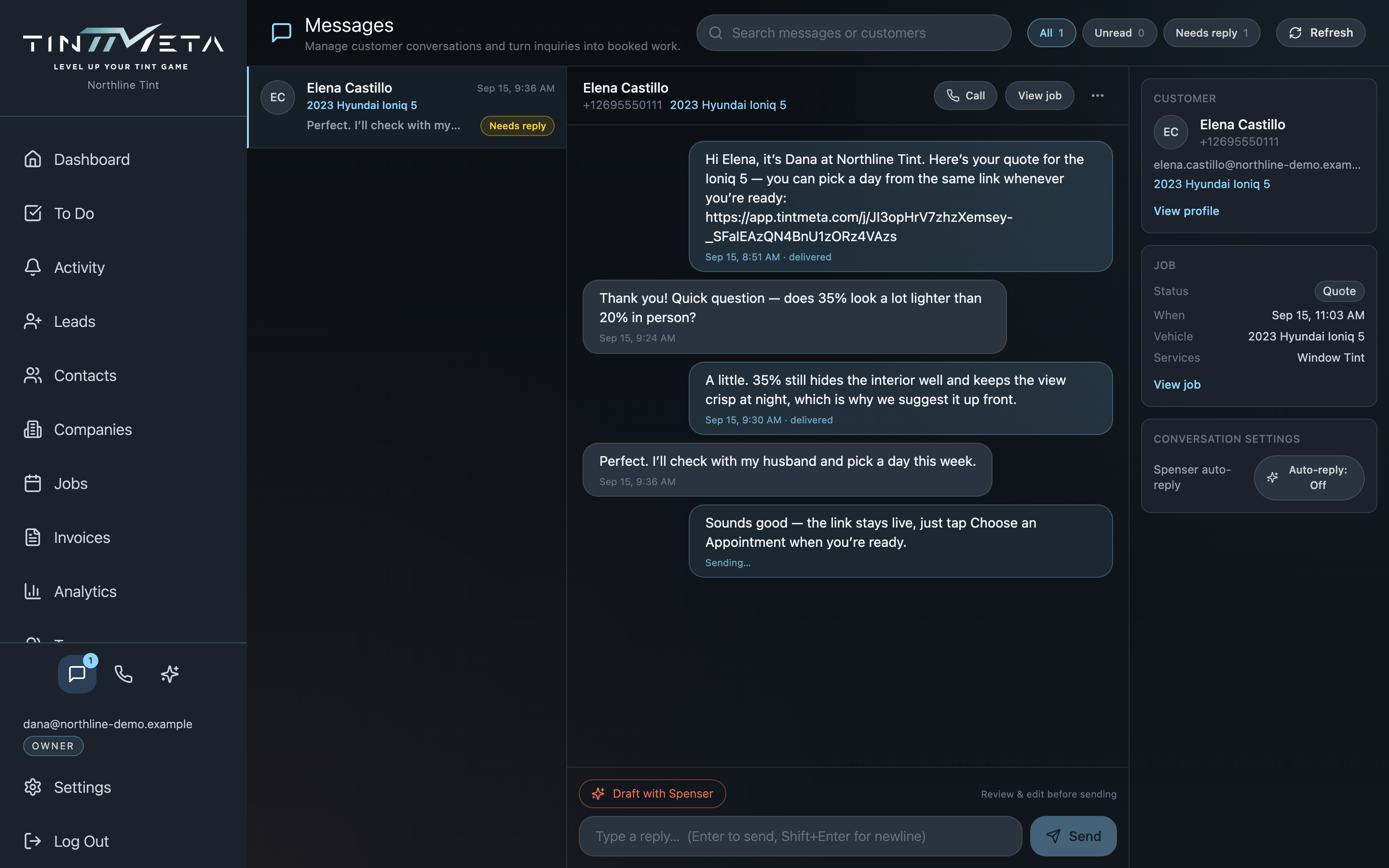 A two-way SMS conversation in TintMeta