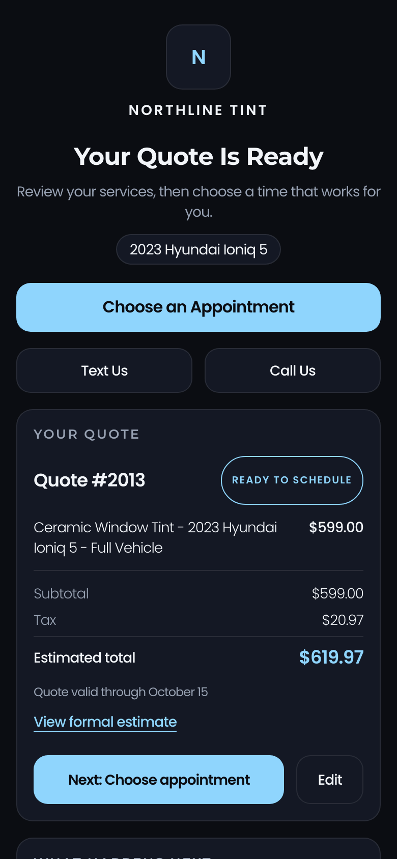 The customer quote portal as a customer sees it on their phone